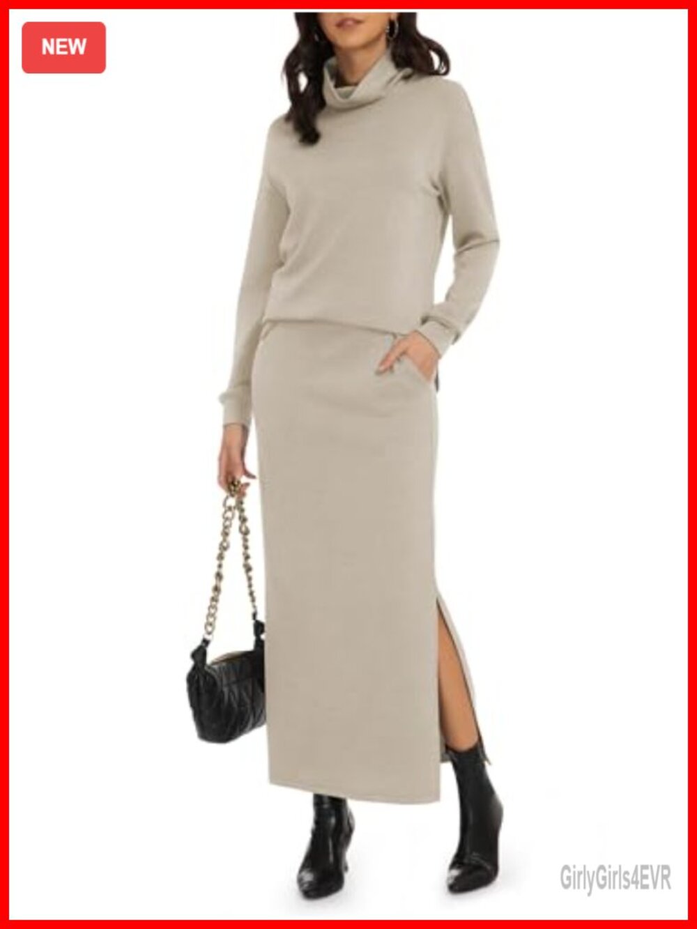 Women's Two Piece Knit Turtleneck Maxi Skirt Set Long Sleeve Pullover Casual